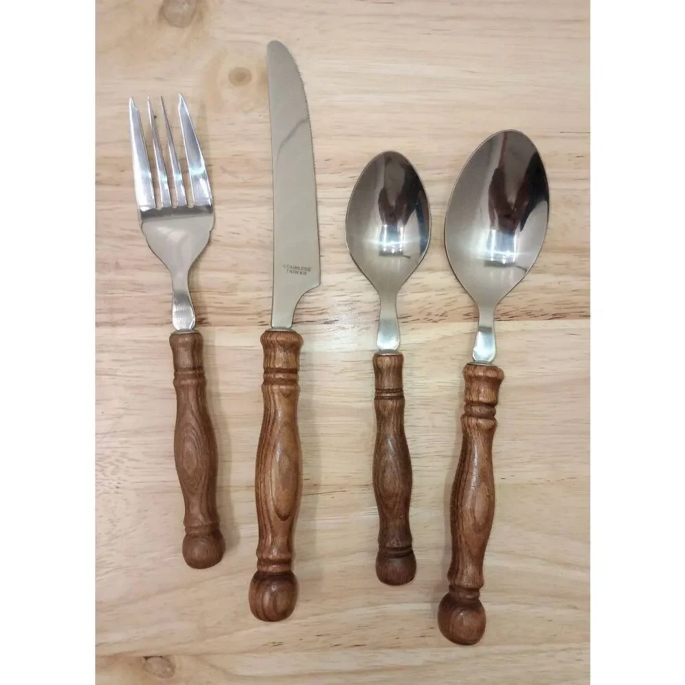 New old stock, vintage, MCM, wood handled flatware-silverware  set .Old Homestea